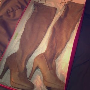 Beige thigh high boots